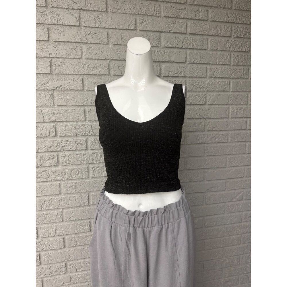 Aura Women Black Gold Metallic Ribbed Cropped Tank Top Size S/M
